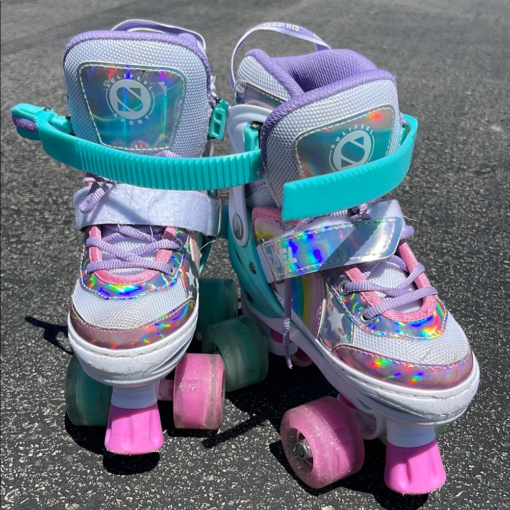 Colorful Kids Roller Skates - ADJUSTABLE - 10c-13c, worn 2-3 times indoors